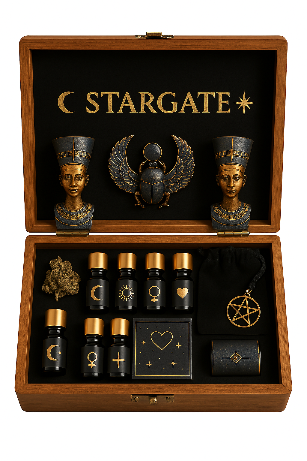 Stargate Perfume and Oil Rosewood Box with Egyptian Motif Bottles and Stoppers