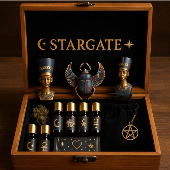 Stargate Perfume and Oil Rosewood Box with Egyptian Motif Bottles and Stoppers