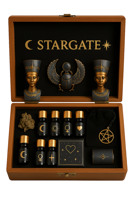 Stargate Perfume and Oil Rosewood Box with Egyptian Motif Bottles and Stoppers